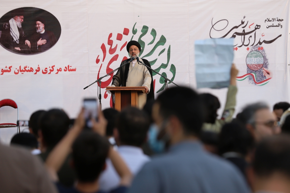 Presidential candidate Ebrahim Raisi speaks during a campaign rally in Tehran, Iran June 15, 2021. 