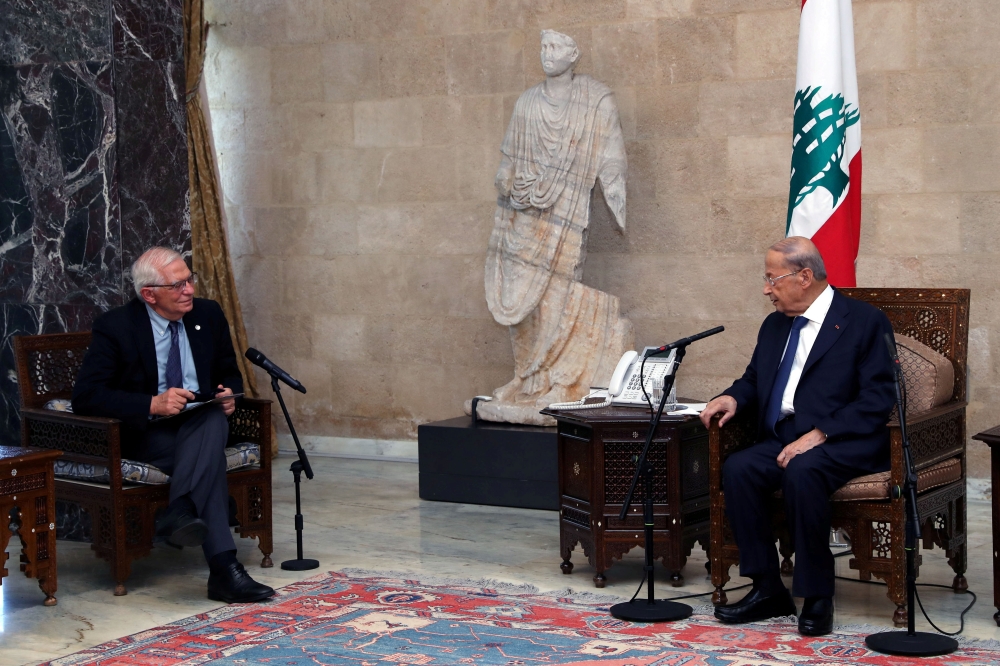FILE PHOTO: European Union foreign policy chief Josep Borrell meets with Lebanon's President Michel Aoun at the presidential palace in Baabda, Lebanon June 19, 2021. Dalati Nohra