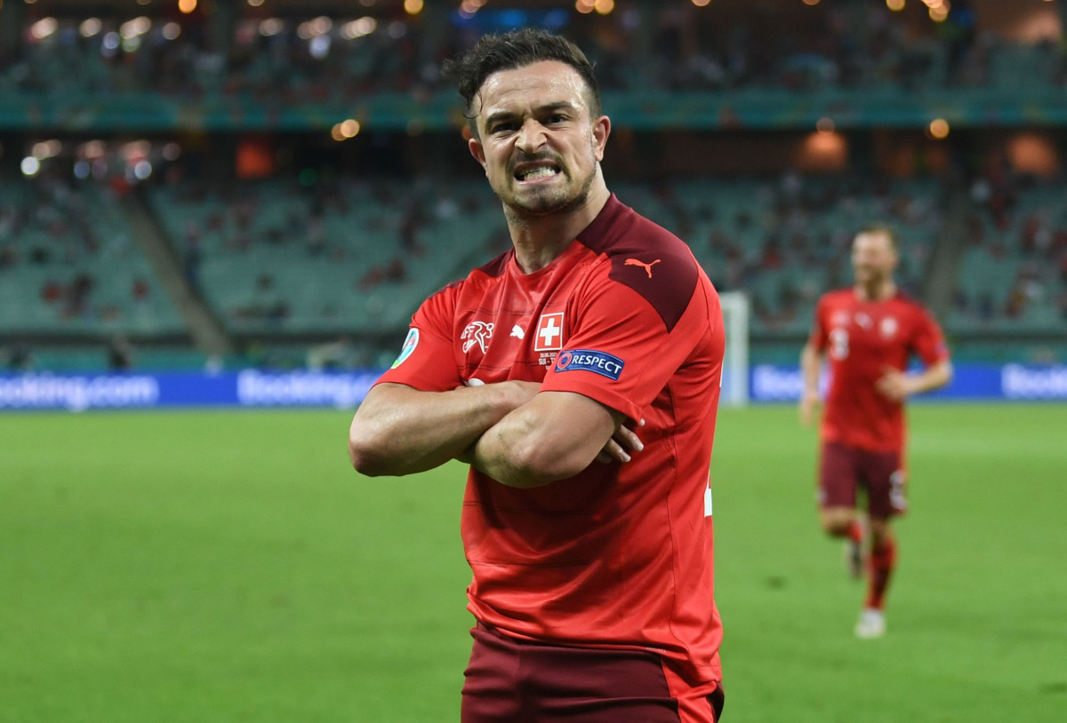 Soccer Football - Euro 2020 - Group A - Switzerland v Turkey - Baku Olympic Stadium, Baku, Azerbaijan - June 20, 2021 Switzerland's Xherdan Shaqiri celebrates scoring their third goal Pool via REUTERS/Ozan Kose
