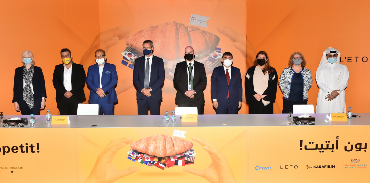 Italian Ambassador to Qatar H E Alessandro Prunas (fourth left), Ambassador of Turkey to Qatar H E Dr. M. Mustafa Goksu (fourth right), Deputy Ambassador British Embassy, Alexandra Cole (second right), Deputy Ambassador French Embassy, Marie Gaelle Robles