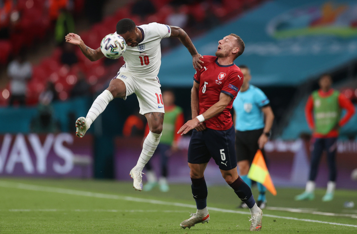 Soccer Football - Euro 2020 - Group D - Czech Republic v England - Wembley Stadium, London, Britain - June 22, 2021 England's Raheem Sterling in action with Czech Republic's Vladimir Coufal Pool via REUTERS/Carl Recine
