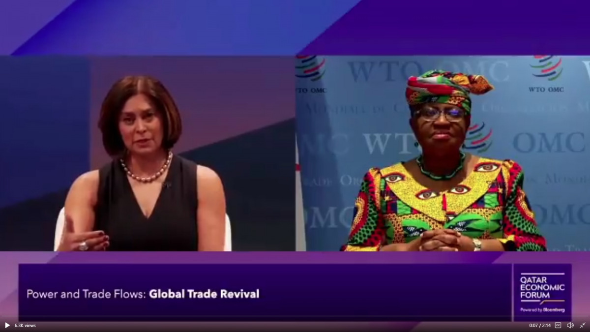 Director-General of the World Trade Organization, Ngozi Okonjo-Iweala (right), speaking at the session “Global Trade Revival” Qatar Economic Forum.