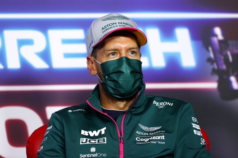 July 1, 2021 Aston Martin's Sebastian Vettel during the press conference FIA/Handout via REUTERS