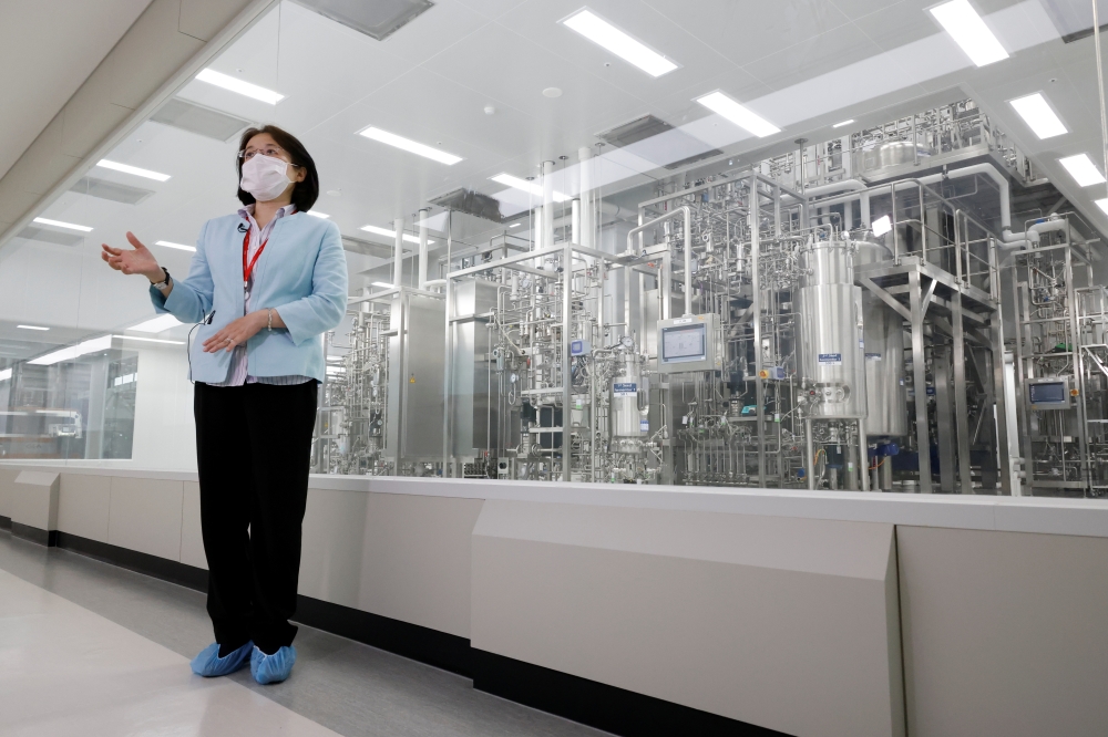 Kim Soo-jin, senior vice president of Hanmi Pharm speaks during an interview with Reuters at a bio plant factory in Pyeongtaek, South Korea, July 1, 2021. Picture taken July 1, 2021. REUTERS/Heo Ran