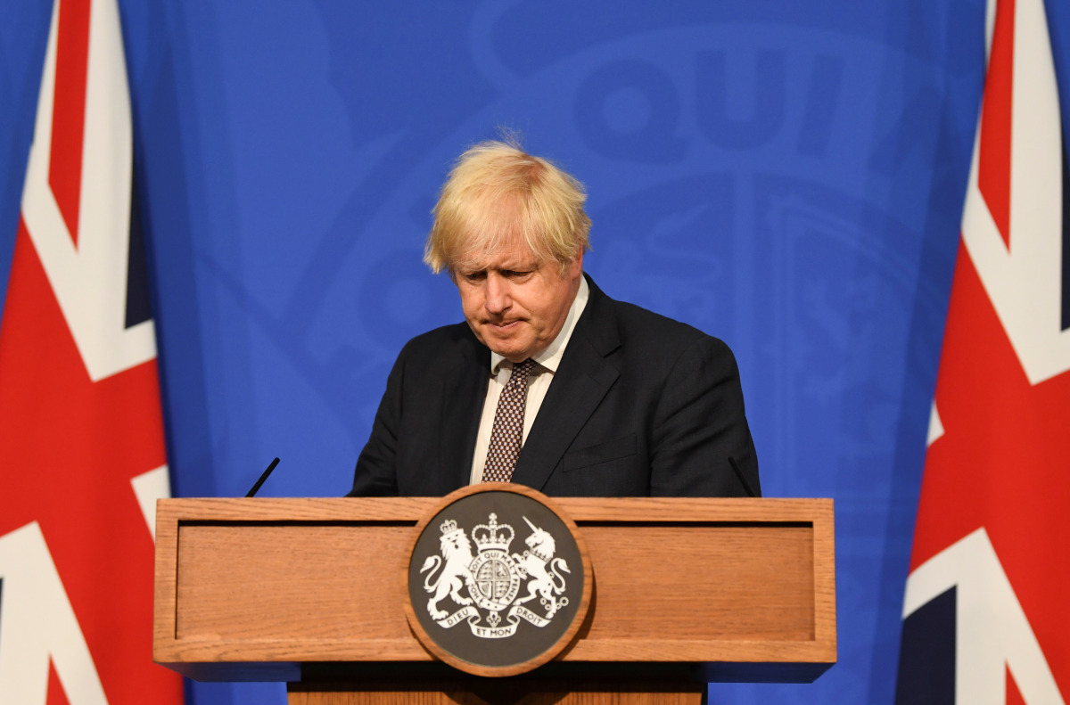 British Prime Minister Boris Johnson holds a news conference for England's COVID-19 lockdown easing announcement in London, Britain July 5, 2021. Daniel Leal-Olivas/Pool via REUTERS
