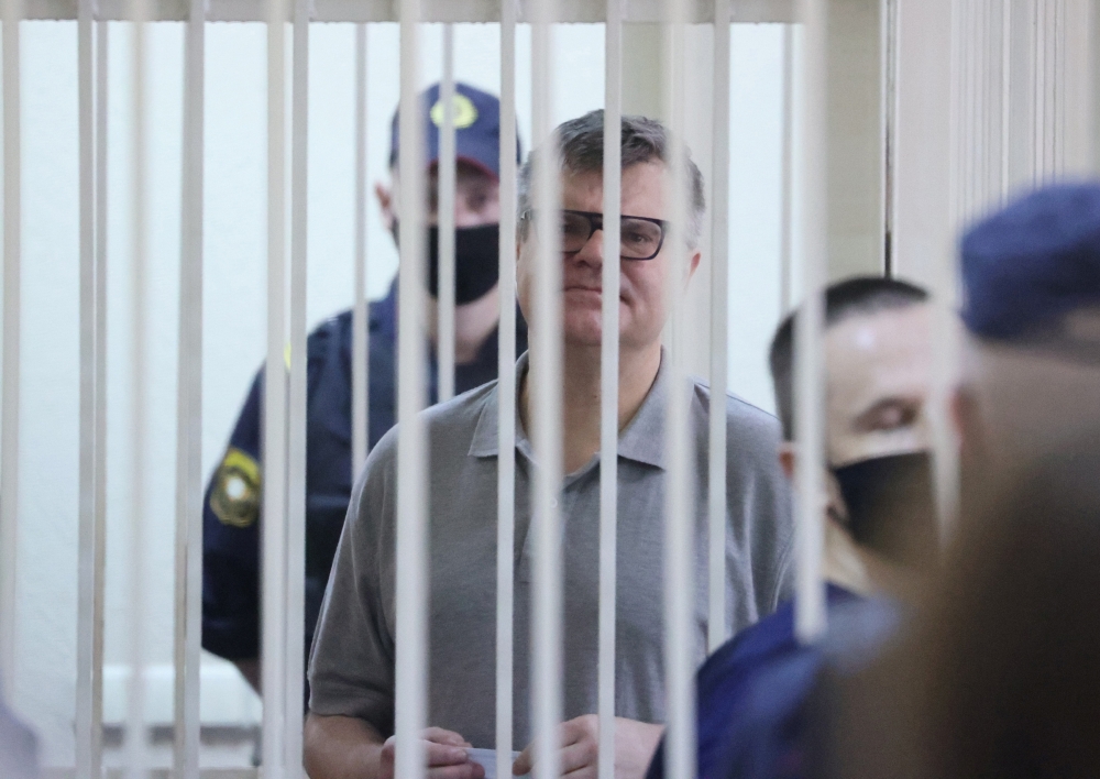 Former Belarusian presidential contender Viktor Babariko, who was arrested last June on corruption charges, attends a court hearing in Minsk, Belarus July 6, 2021. Ramil Nasibulin