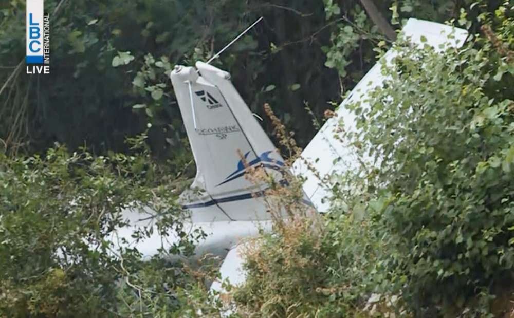 A view shows the wreckage of a training aircraft at the site of its crash in Ghosta, Lebanon, July 8, 2021 in this screengrab taken from an LBCI footage. 
