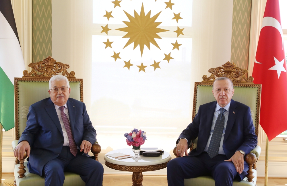 Turkish President Tayyip Erdogan meets with Palestinian President Mahmoud Abbas in Istanbul, Turkey July 10, 2021. (Presidential Press Office/Handout)