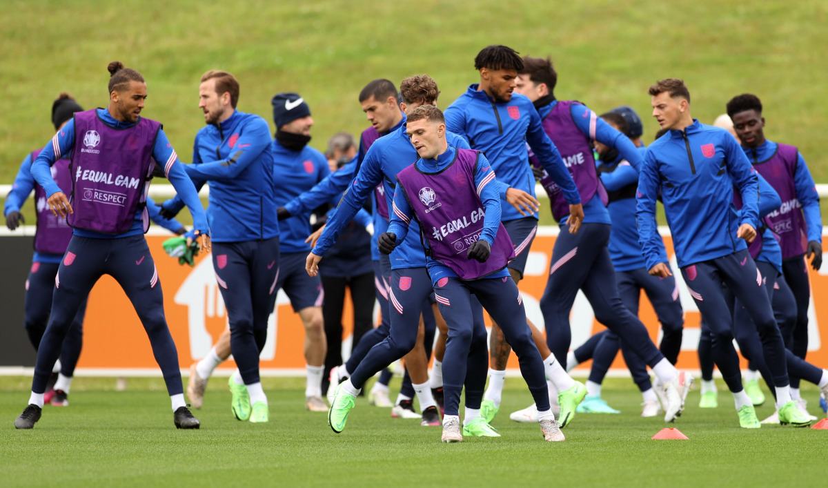 Soccer Football - Euro 2020 - England Training - St. George's Park, Burton Upon Trent, Britain - July 6, 2021 England's Kieran Trippier with teammates during training REUTERS/Lee Smith
