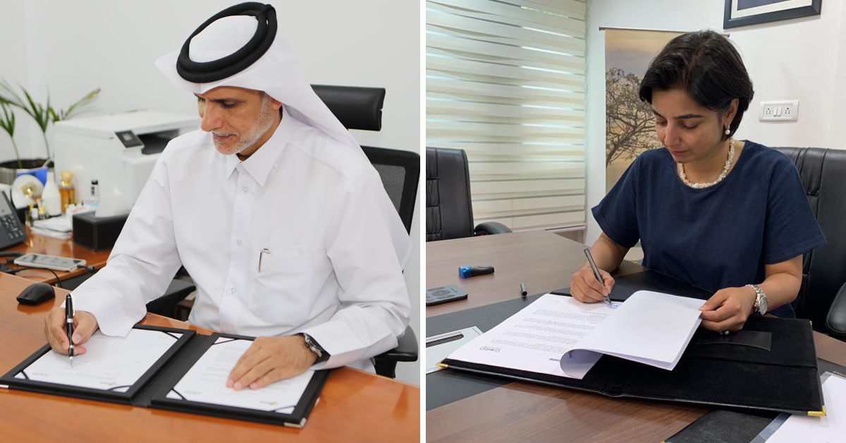 GORD Founding Chairman, Dr. Yousef Alhorr (left), and CEO of CESL, Mahua Acharya, signing the Memorandum of Understanding. 
