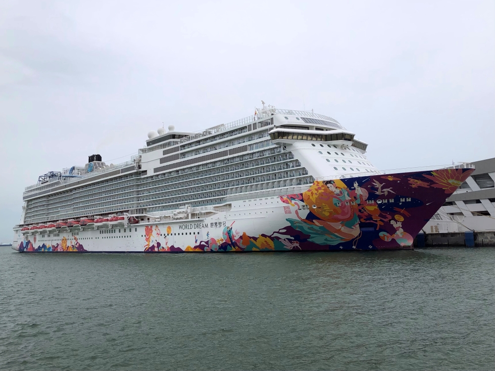 A cruise ship is docked at harbour after turning back due to positive coronavirus disease (COVID-19) case on board, in Singapore July 14, 2021. REUTERS/Chen Lin