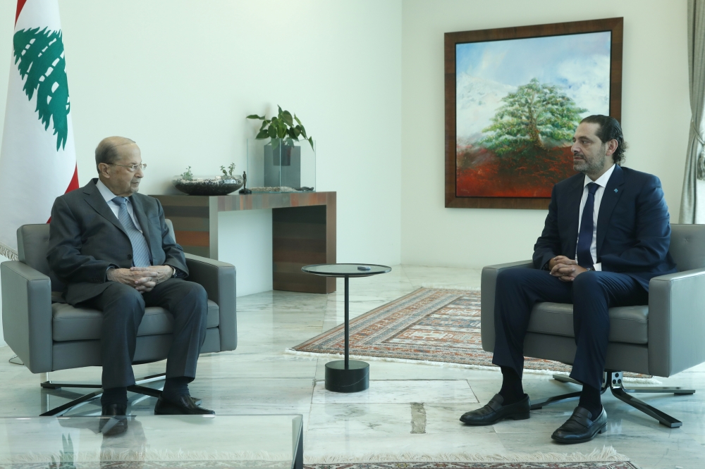 Lebanon's President Michel Aoun meets with Lebanese Prime Minister-Designate Saad al-Hariri at the presidential palace in Baabda, Lebanon July 14, 2021. (Dalati Nohra/Handout)