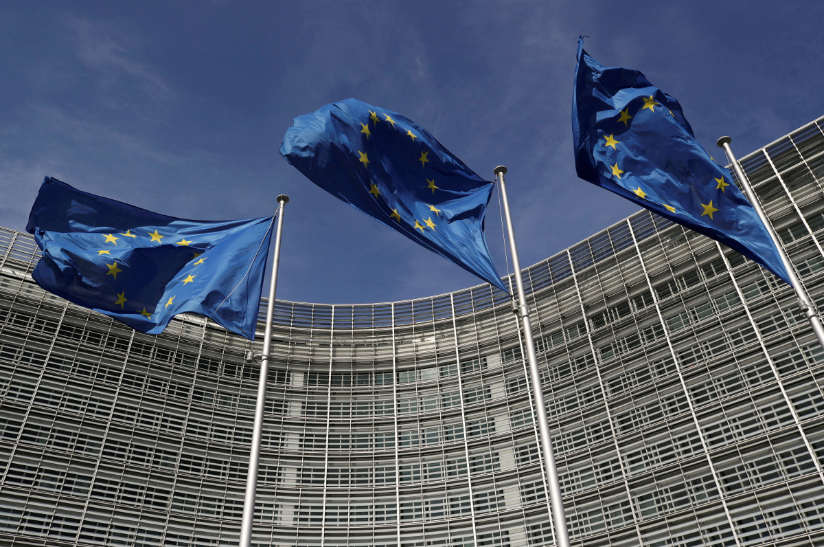 FILE PHOTO: European Union flags flutter outside the European Commission headquarters in Brussels, Belgium, March 24, 2021. REUTERS/Yves Herman/File Photo/File Photo
