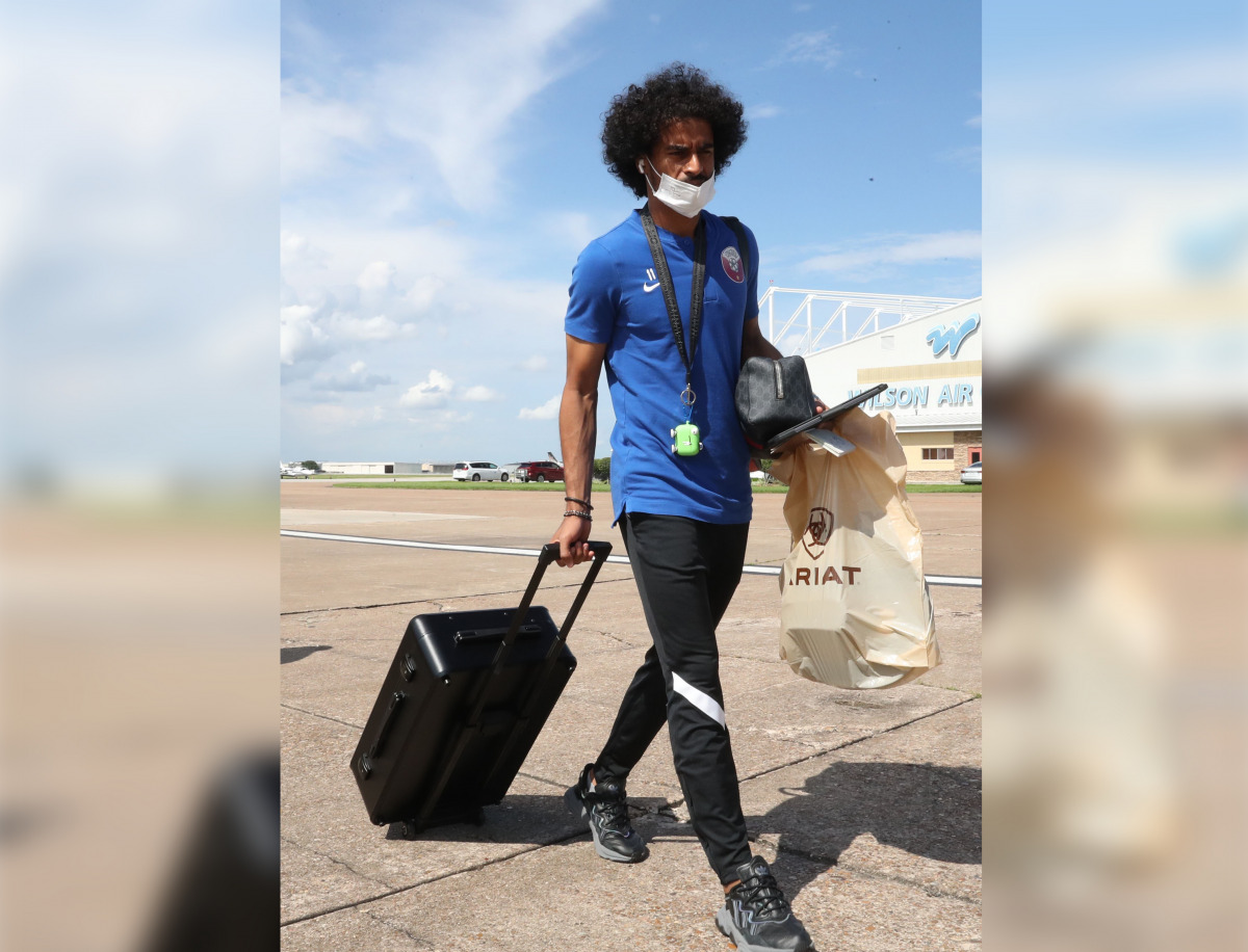 Qatar striker Akram Afif at the airport after reaching Phoenix from Houston. 