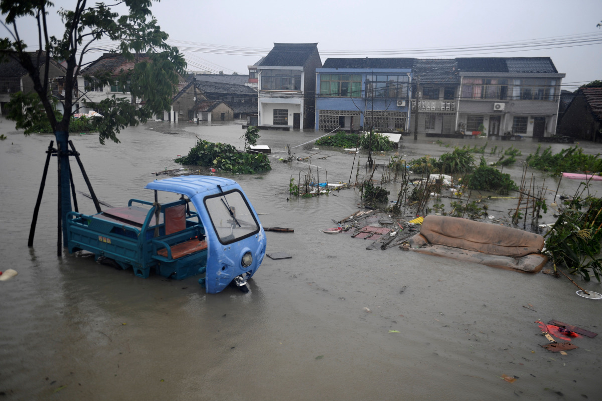 A flooded village is seen in Dongqiao town of Ningbo, Zhejiang province, as Typhoon In-fa lashes the coastal regions in China July 25, 2021. Picture taken July 25, 2021. cnsphoto via REUTERS