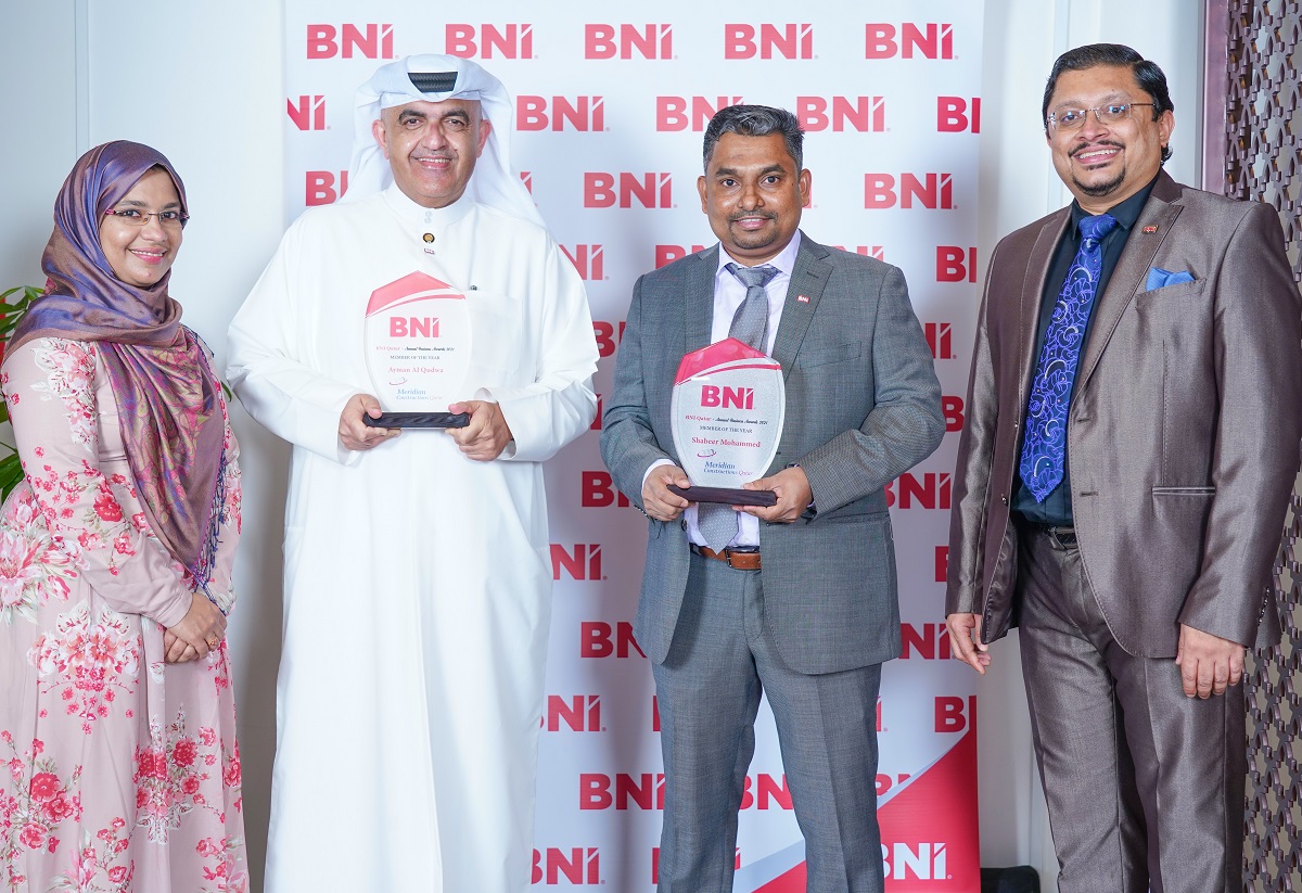 Ayman Al Qudwa and Shabeer Mohammed with the awards during the Annual Business Awards celebration  