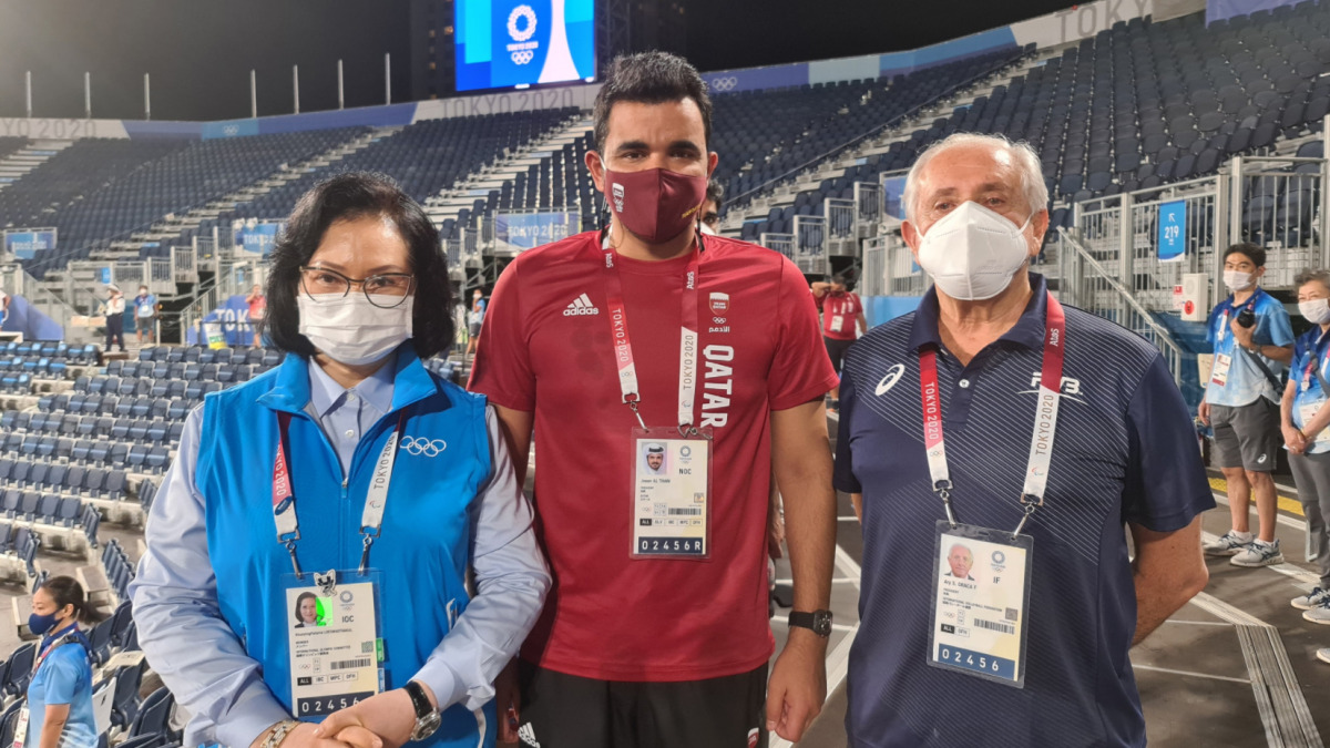 Qatar Olympic Committee President Sheikh Joaan bin Hamad Al Thani with FIVB President Dr Ary S Graça Filho and IOC Member Khunying Patama Leeswadtrakul of Thailand at the Shiokaze Park in Tokyo.