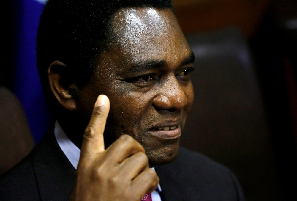 FILE PHOTO: Hakainde Hichilema, leader of Zambia's opposition United Party for National Development (UPND), addresses a media conference in Cape Town, South Africa, August 31, 2017. REUTERS/Mike Hutchings