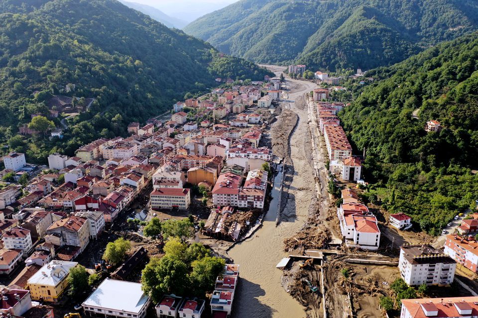 An aerial view of Bozkurt after the area was hit by flash floods that swept through towns in the Turkish Black Sea region, in Kastamonu province, Turkey, August 14, 2021. Picture taken with a drone. REUTERS/Mehmet Emin Caliskan 