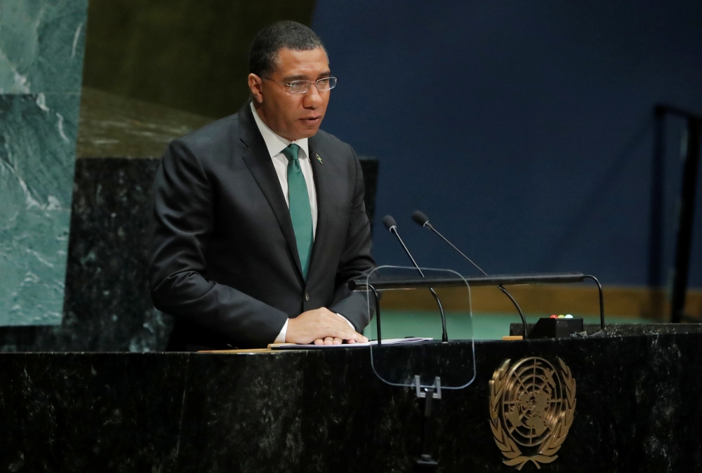 Prime Minister of Jamaica Andrew Holness addresses the 74th session of the United Nations General Assembly at U.N. headquarters in New York, U.S., September 27, 2019. REUTERS/Brendan Mcdermid/File Photo