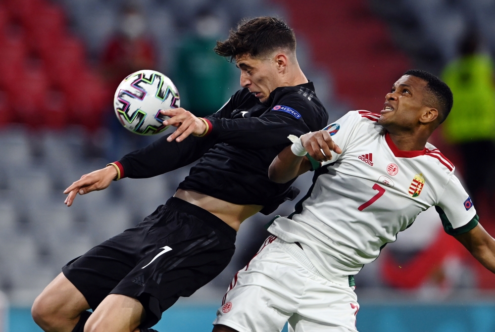 Germany's Kai Havertz scores their first goal vs Hungary at Euro 2020. Pool via REUTERS/Christof Stache/File Photo