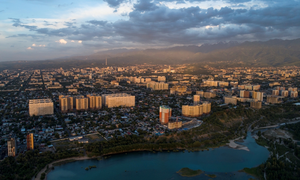A general view of Almaty city during sunset, Kazakhstan, June 21, 2021. Picture taken with a drone. REUTERS/Pavel Mikheyev/File Photo