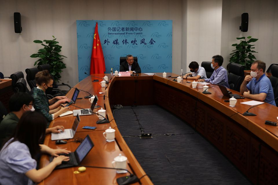 Fu Cong, the director-general of the arms control department of Chinese foreign ministry, speaks at a news conference on COVID-19 origin-tracking related issues, in Beijing, China August 25, 2021. REUTERS/Tingshu Wang
