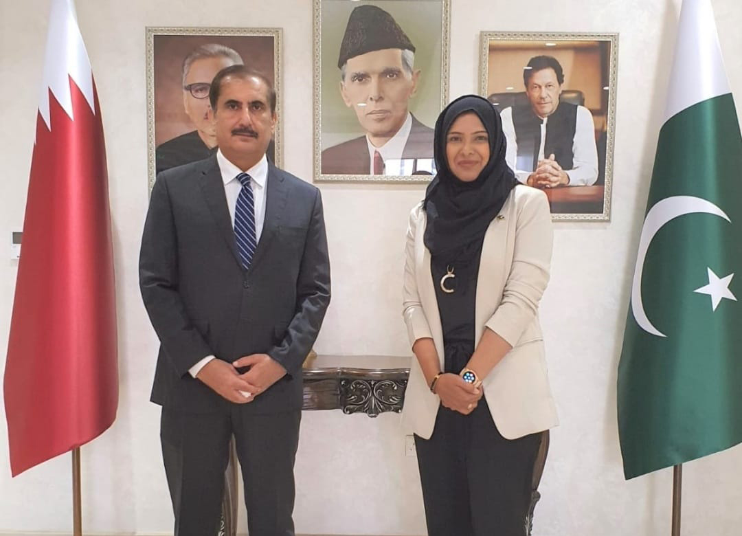 Sabika Shaban with Ambassador of Pakistan to Qatar H E Syed Ahsan Raza Shah after being honoured by Pakistan’s Ministry of Foreign Affairs for its Honours List 2021.