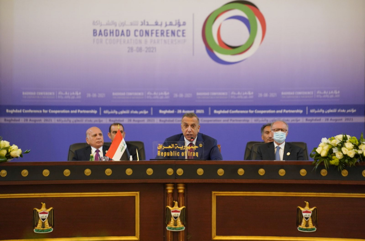 Iraqi Prime Minister Mustafa Al Kadhimi speaks during the Baghdad summit in Baghdad, Iraq, yesterday. 