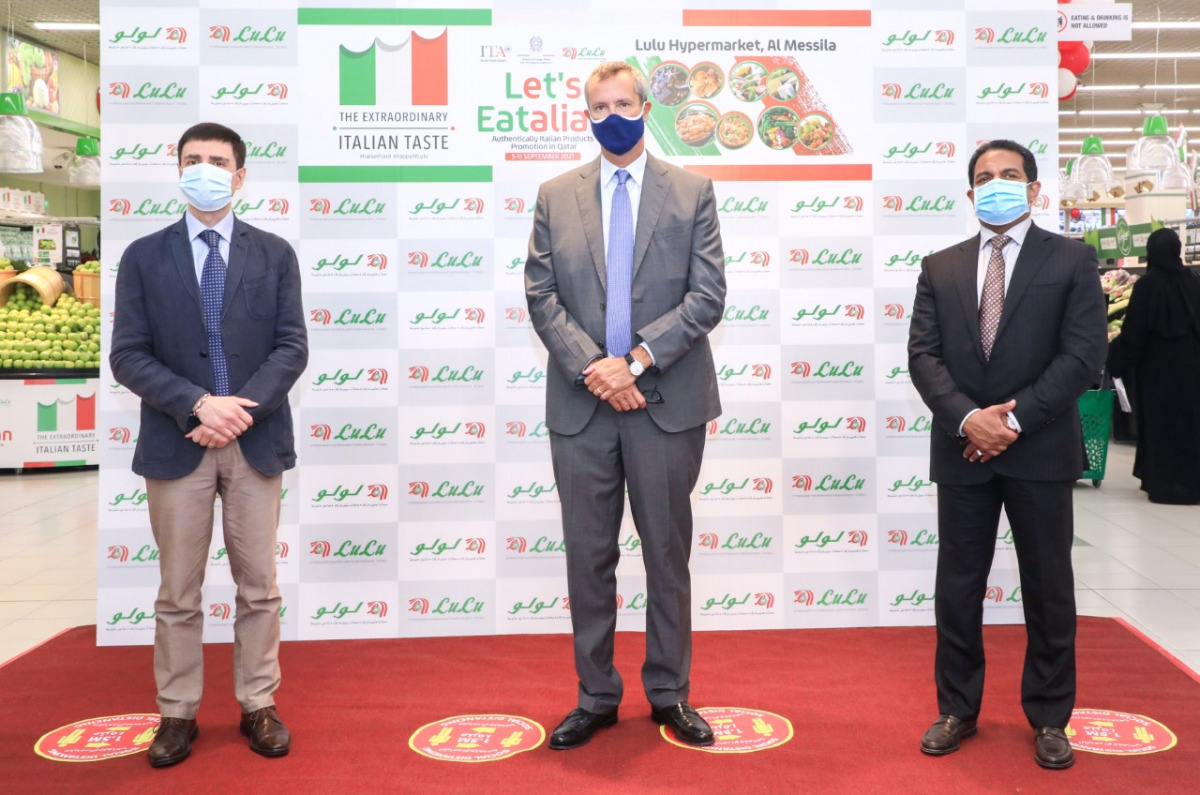 Ambassador of Italy to Qatar H E Alessandro Prunas; Italian Trade Commissioner to Qatar Giosafat Rigano and  Director of Lulu Group International Dr. Mohamed Althaf at the inauguration ceremony of ‘Let’s Eatalian Festival’ held at Lulu Hypermarket, Al Mes