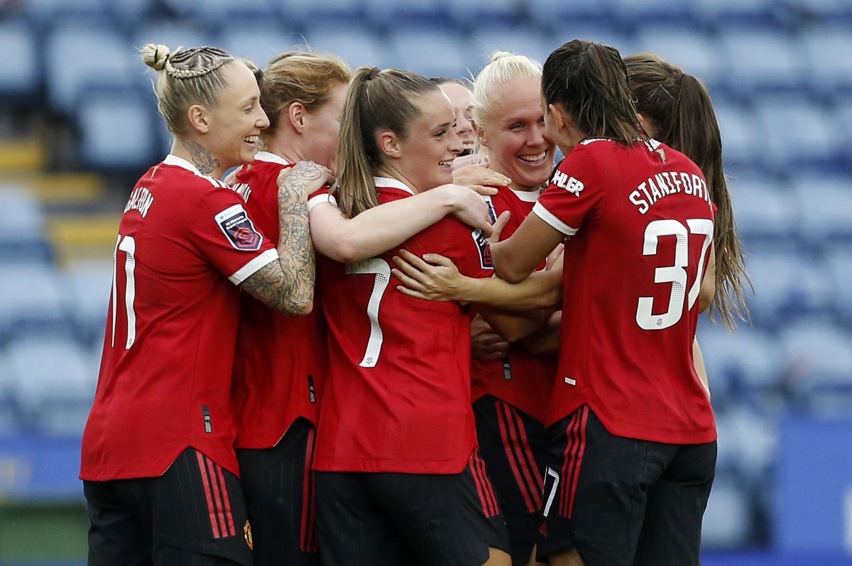 Manchester United's Maria Thorisdottir celebrates scoring their second goal with Lucy Staniforth, Ella Toone and teammates Action Images via Reuters/Craig Brough
