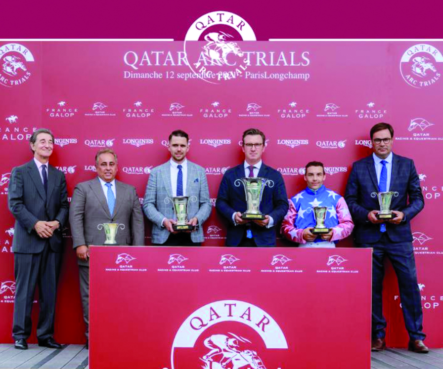 H E Sheikh Ali bin Jassim Al Thani (second left), Ambassador of Qatar to France, poses for a photograph with the connection of Ebraz, winner of the Qatar Cup - Prix Dragon (Gr 1 PA) at the Qatar-sponsored Qatar Arc Trials at ParisLongchamp.