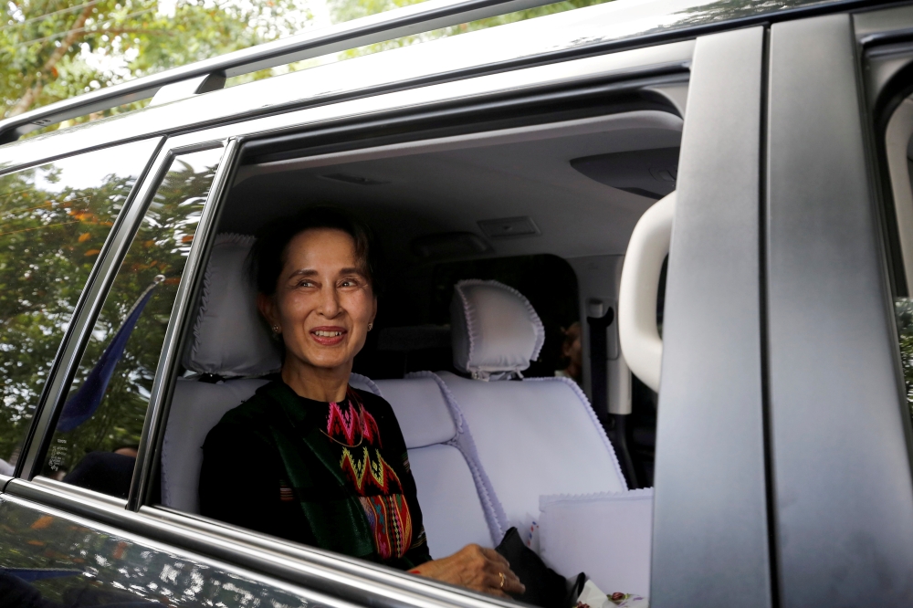 Myanmar's State Counsellor Aung San Suu Kyi arrives at a school in Kawhmu, Yangon, Myanmar, July 18, 2019. Reuters/Ann Wang/File Photo