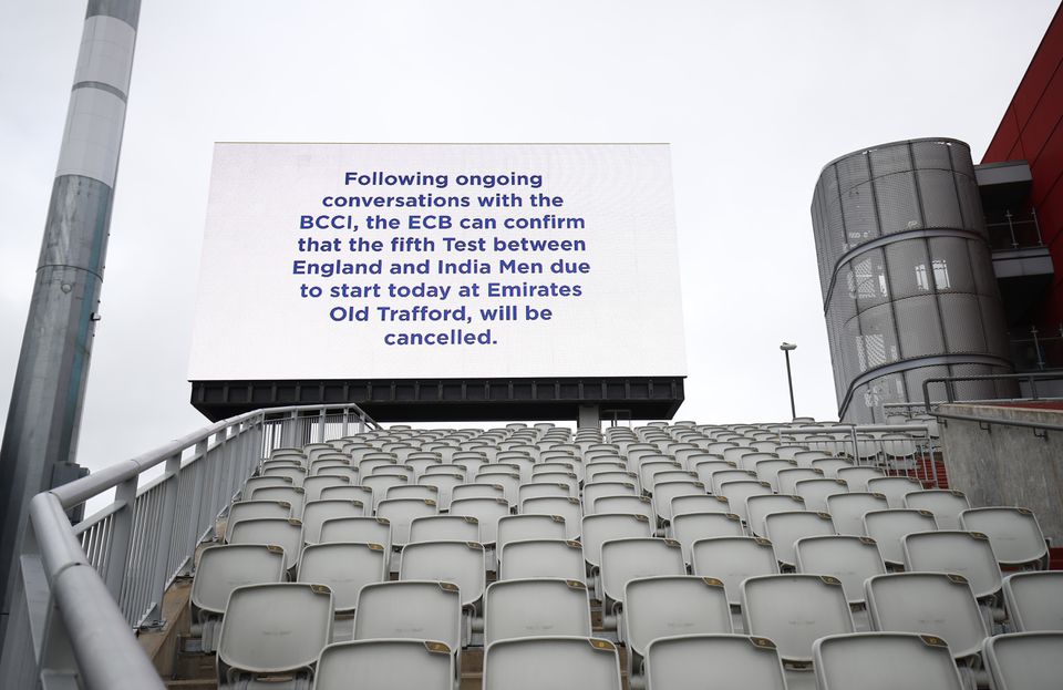 Cricket - Fifth Test - England v India - Emirates Old Trafford, Manchester, Britain - September 10, 2021 A message is seen displayed on a big screen after the match was cancelled due to members of the India staff contracting COVID-19 Action Images via Reu