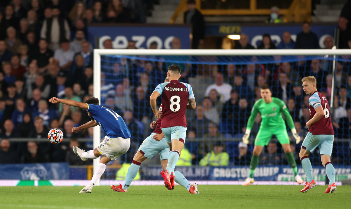 Soccer Football - Premier League - Everton v Burnley - Goodison Park, Liverpool, Britain - September 13, 2021 Everton's Andros Townsend scores their second goal Action Images via Reuters/Carl Recine