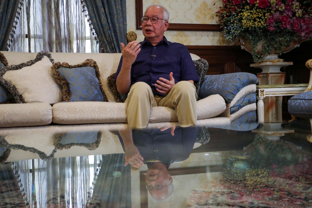 Malaysia's former Prime Minister Najib Razak speaks during an interview with Reuters in Kuala Lumpur, Malaysia September 18, 2021. Picture taken September 18, 2021. REUTERS/Lim Huey Teng