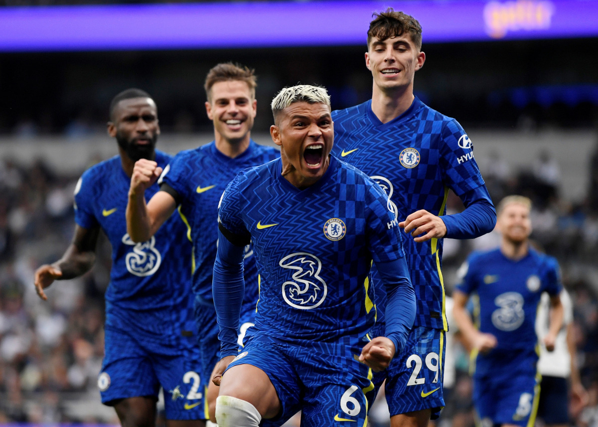 Chelsea's Thiago Silva celebrates scoring their first goal with Kai Havertz and Cesar Azpilicueta REUTERS/Tony Obrien