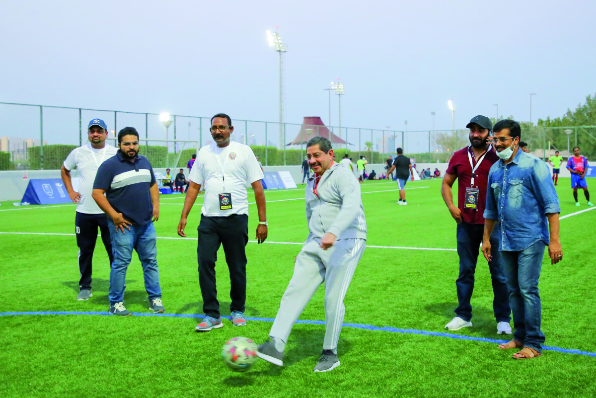 ISC President Dr Mohan Thomas kicks the ball to open the 7’s Football Tournament. 