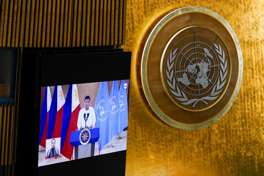 Philippines President Rodrigo Duterte speaks remotely during the 76th Session of the General Assembly at UN Headquarters in New York, U.S., September 21, 2021. Mary Altaffer/Pool via REUTERS