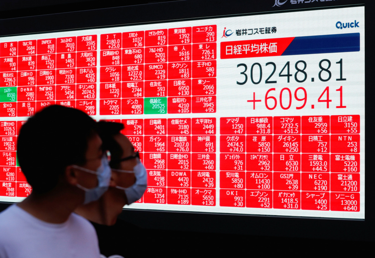 Men wearing protective face masks amid the coronavirus disease (COVID-19) outbreak, is reflected on a window of a building near an electronic board displaying Japan's Nikkei Index outside a brokerage in Tokyo, Japan, September 24, 2021. REUTERS/Kim Kyung-