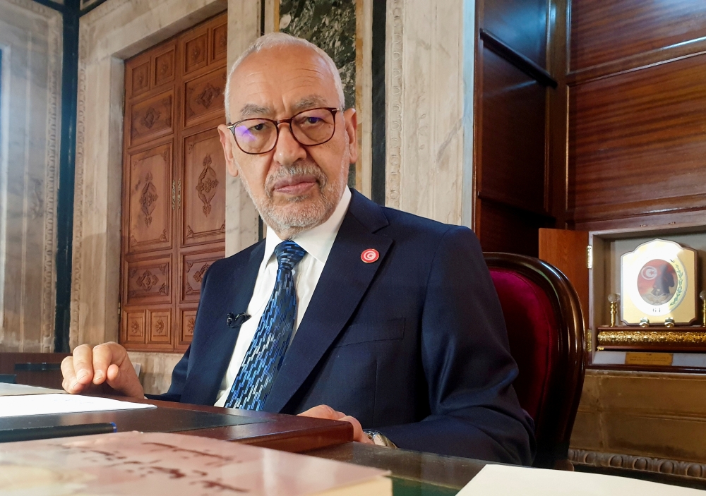 FILE PHOTO: Parliament Speaker Rached Ghannouchi, head of the moderate Islamist Ennahda, poses during an interview with Reuters in his office, in Tunis, Tunisia, March 9, 2021. Picture taken March 9, 2021. REUTERS/Jihed Abidellaoui