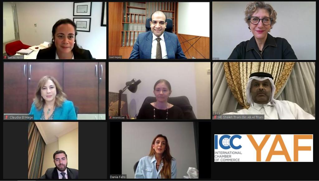 Qatar International Center for Conciliation and Arbitration (QICCA) Board Member for International Relations Sheikh Dr. Thani bin Ali Al Thani with other officials during the webinar recently. 