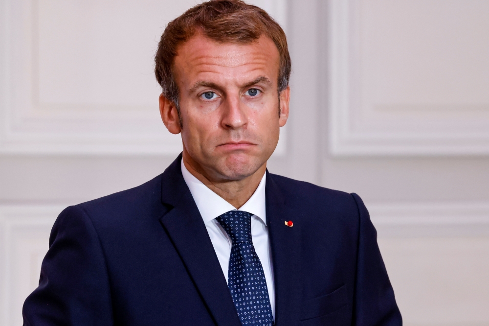 French President Emmanuel Macron gives a press conference with Greek Prime Minister during a signing ceremony of a new defence deal at The Elysee Palace in Paris, France September 28, 2021. Ludovic Marin/Pool via Reuters