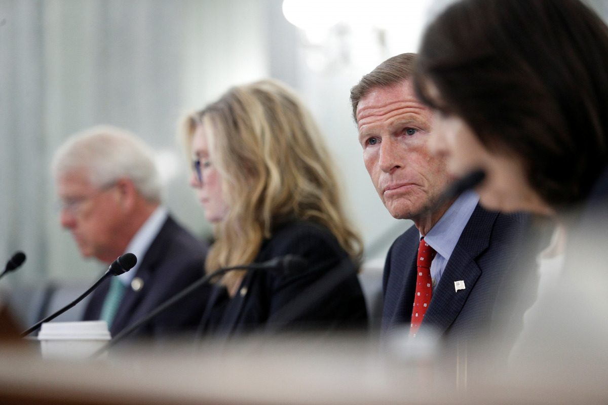 Senator Richard Blumenthal (D-CT) looks on as Antigone Davis, Director of the Global Head of Safety at Facebook (not pictured) testifies before the Senate Commerce, Science, and Transportation - Subcommittee on Consumer Protection, Product Safety, and Dat