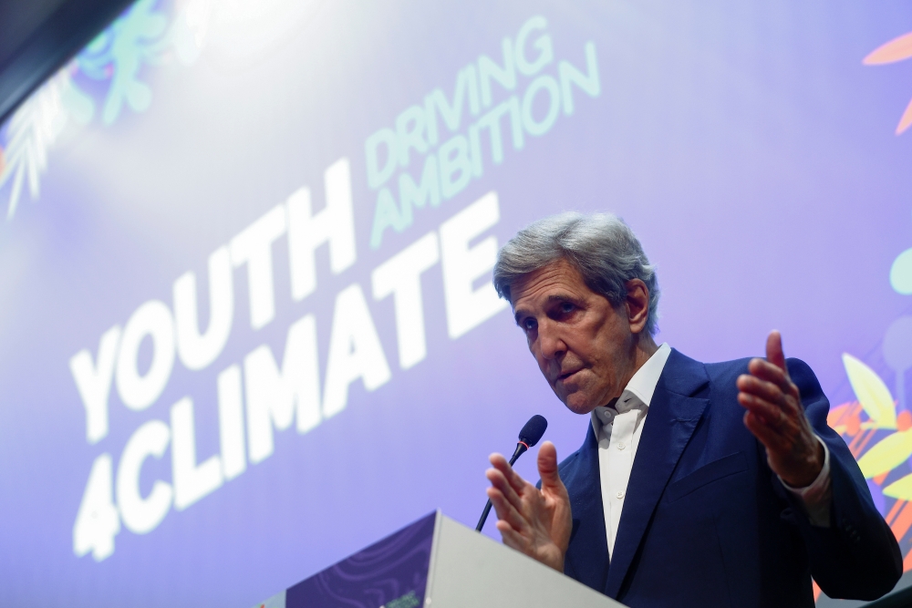 John Kerry, US Special Presidential Envoy for Climate, holds a news conference during the pre-COP26 climate meeting in Milan, Italy, October 2, 2021. Reuters/Guglielmo Mangiapane