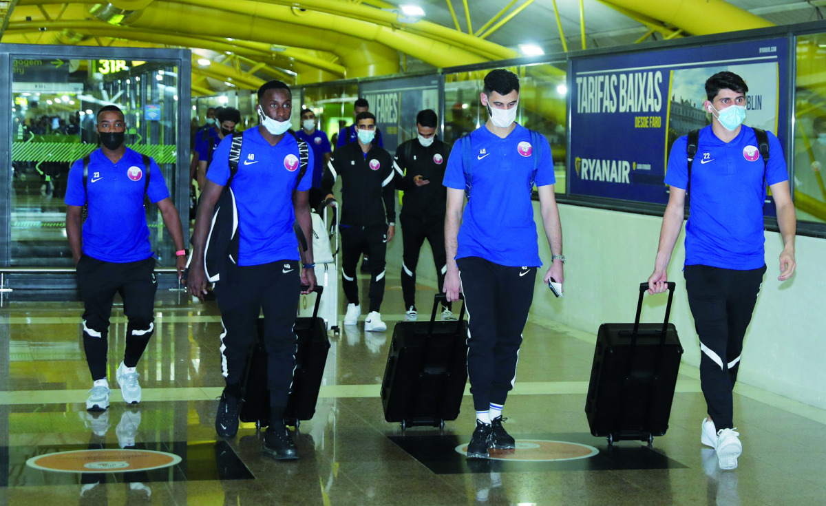Qatar players arriving in Portugal ahead of their 2022 World Cup European qualifier against the hosts.