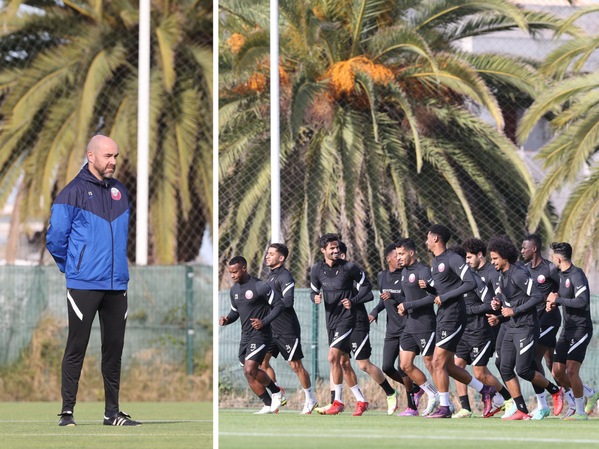 Qatar coach Felix Sanchez (left) and Qatar players take part in a training session.