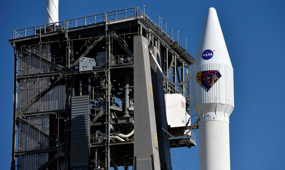 The capsule with NASA's Lucy spacecraft, atop a United Launch Alliance Atlas 5 rocket, stands at Pad-41 in preparation for launch at Cape Canaveral Space Force Station in Cape Canaveral, Florida, US. Reuters/Steve Nesius