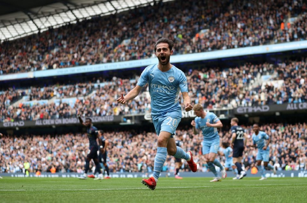 October 16, 2021 Manchester City's Bernardo Silva celebrates scoring their first goal Action Images via Reuters/Molly Darlington