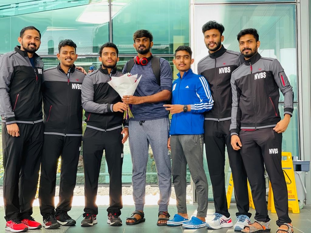 New Vision Badminton Sport (NVBS) coaching team welcoming Malaysian ex-junior International badminton player Roobenraj Velatudham (centre) at Hamad International Airport. 
